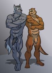 abs anthro balls barefoot biceps brown_body brown_fur canid canine canis casual_nudity deltoids dilgearwolfang duo feet flaccid foreskin fur genitals hi_res humanoid_feet humanoid_genitalia humanoid_hands humanoid_penis male male/male mammal manly muscular muscular_anthro muscular_male mustelid navel nude otter pecs penis plantigrade simple_background standing toes wolf