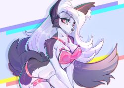 animal_ears anthro big_ears black_nose bra breasts canid canid_demon canine cheek_tuft demon demon_girl dog_ears dog_tail ear_tuft eyebrow_piercing facial_piercing female fur grey_body grey_fur hair hellhound helluva_boss inner_ear_fluff long_hair long_tail loona_(helluva_boss) multicolored_body multicolored_fur piercing rakimou red_sclera ribbons shouder_tuft tail tuft underwear white_body white_eyes white_fur wolf_ears wolf_tail