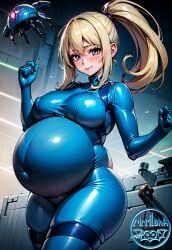 ai_generated blonde_female blonde_hair blonde_hair bodysuit breasts metroid mrm1sha nintendo pregnant pregnant_belly pregnant_female samus_aran