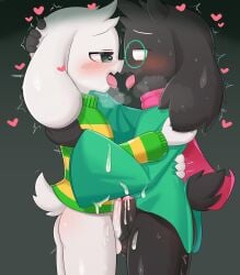 <3_eyes 0227 2023 after_kiss anthro asriel_dreemurr balls balls_touching black_body black_fur blush bodily_fluids boss_monster bottomless bovid caprine clothed clothing cum cum_on_clothing cum_on_feet deltarune duo embrace eyewear frottage fur furry gay genital_fluids genitals glasses grey_background heart hi_res hug humanoid_genitalia humanoid_penis lust lustful male male/male mammal penis pink_scarf ralsei ralsei_with_black_fur saliva saliva_string scarf self_esteem selfcest sex simple_background sweat sweater tongue tongue_out topwear undertale undertale_(series) white_body white_fur young