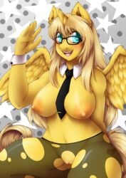 2014 alicorn anthro blush breasts clothing cloud cutie_mark equine eyewear female fur glasses golden_ticket hair horn legwear looking_at_viewer lovelesskiax mammal my_little_pony navel necktie nipples nude open_mouth original_character pussy solo stockings torn_clothing wings yellow_fur