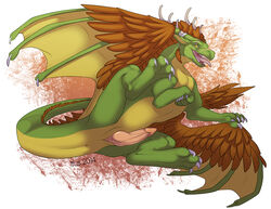 2014 antlers anus claws digitigrade dragon erection feathers feral genital_slit green_scales horn ifus looking_at_viewer lying male male_only on_side open_mouth penis raised_leg scalie sharp_teeth simple_background slit solo tail_feathers teeth tongue tongue_out verd wings yellow_eyes yellow_scales