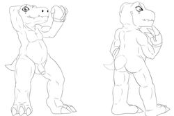 agumon back_view backsack balls chubby circumcised collage digimon dinosaur flaccid flexing front_view heibanhikaru leather_straps line_art male male_only monochrome musclegut muscles nude pecs penis pose scalie scar solo standing