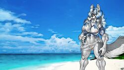 anthro beach big_breasts blue_hair breasts canine clothing eyewear female fenrir_lunaris fur furry hair hi_res lassie_lunaris mammal milf mother nipples parent pose pussy sea seaside see-through shaved_pussy shirt smirk solo sunglasses towel uncensored water wet white_hair wolf