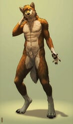 1boy anthro balls canine fur furry green_eyes kannos male male_only mammal nathan nipples penis plain_background sheath solo standing