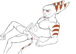 1boy abs alister_azimuth anso/rez anthro bulge clenched_teeth clothed clothing erection fur half-dressed lombax lying male male_only mammal muscles on_back pecs penis ratchet_and_clank solo stripes sweat teeth video_games