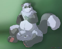 abstract_background anthro balls bear big_balls cellphone chubby fur furry green_eyes hybrid hyper hyper_balls male male_only mammal nude phone sheath sitting solo tanuki ursofofinho