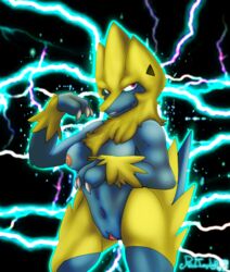 anthro breasts female looking_at_viewer manectric nintendo nipples nude pokémon_(species) pokemon pokemorph pussy red_eyes redimplight solo standing