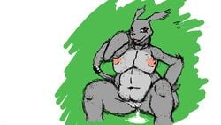 anthro belly breasts chubby digimon feline female fur furry gazimon kaivolate lagomorph mammal oekaki open_mouth overweight pussy pussy_juice rabbit raptorkou simple_background solo