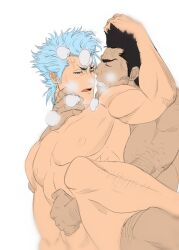 2boys aizenhower bara beefy black_hair bleach blue_hair clenched_teeth closed_eyes completely_nude daddy facial_hair grimmjow_jaegerjaquez implied_anal implied_sex kurosaki_isshin large_pectorals looking_at_another male_focus male_only manly mature_male multiple_boys muscular muscular_male nipples nude open_mouth pectorals short_hair simple_background teeth tough_guy white_background yaoi