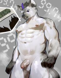 2023 5_fingers abs anthro areola arknights balls bulge detailed_bulge ear_piercing fingers fur genitals grey_background grey_body grey_fur hi_res humanoid_genitalia humanoid_penis hyena hypergryph looking_down male male_only mammal muscular muscular_anthro muscular_male nude penis piercing pluto08010511 pu94_d1de4c simple_background solo spot_(arknights) spots spotted_body spotted_fur spotted_hyena studio_montagne weighing_scale