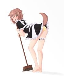 absurdres animal_ears apron ass barefoot bent_over blush bone_hair_ornament broom brown_eyes brown_hair brown_tail dog_ears dog_girl dog_tail feet female frills from_behind hair_ornament highres hololive hololive_gamers hololive_japan inugami_korone legs looking_at_viewer looking_back maid maid_apron mop panties pinup_(style) presenting puffy_sleeves smile solo standing tail tumy underwear virtual_youtuber