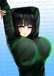 1girls big_breasts black_hair breast_focus breasts clothing dress english english_text female female_only fubuki_(one-punch_man) green_dress green_eyes hair huge_breasts large_breasts looking_at_viewer motion_lines one-punch_man one_arm_up one_eye_closed short_hair solo solo_female text the_only_shoe wink