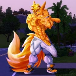 abs anthro biceps big_muscles big_penis blonde_hair bottomwear bracelet building canid canine clothed clothing erection erection_under_clothing fennec flower footwear fox fur genitals grass hair hi_res house huge_biceps huge_cock huge_muscles huge_triceps jewelry long_tail looking_at_viewer male mammal muscular muscular_anthro muscular_male muscular_thighs obliques palm_tree pants parking_lot partially_clothed penis plant pose purple_eyes shoes sky solo standing sweatpants taiko-sihori tail thick_thighs tight_bottomwear tight_clothing tree v-cut vein veiny_muscles veiny_penis yellow_body yellow_fur