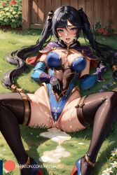 1girls after_sex ahe_gao ai_generated artsbuyu blue_eyes blush cape covered_in_cum covered_navel covered_nipples cum cum_on_breasts cum_on_face cum_pool embarrassed genshin_impact gloves hair_ornament heels hi_res high_heels large_breasts leotard long_hair lying mona_(genshin_impact) on_back purple_hair scrunchie spread_legs stable_diffusion thighhighs twintails