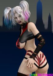 1girls 3d 3d_(artwork) antiheroine artist_name ass batman_(series) big_breasts blue_eyes collar dc dc_comics dc_extended_universe dceu digital_media_(artwork) eyebrows eyelashes eyes female female_only harley_quinn harley_quinn_(dceu) light-skinned_female light_skin lips looking_back multicolored_hair n3dwanimantion painted_nails pigtails rear_view solo suicide_squad suicide_squad_(2016) tattoos thighs villain villainess voluptuous