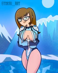 ally_(disventure_camp) big_breasts blue_eyes breasts brown_hair disventure_camp female female_only glasses green_eyes hips huge_breasts ice large_breasts latex_suit looking_at_viewer mei_(overwatch) mei_(overwatch)_(cosplay) odd_nation_cartoons open_eyes open_mouth overwatch pussy pussy_juice tdkai_art voluptuous voluptuous_female white_skin wide_hips