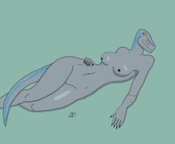 anthro blue_(jurassic_world) blue_lines breasts dinosaur dromaeosaurid female genitals ggpro grey_body jurassic_park jurassic_world pussy reptile scalie solo solo_focus tail theropod universal_studios velociraptor yellow_eyes