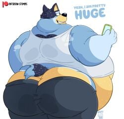 1boy 2023 absurd_res anthro ass ass_cleavage australian_cattle_dog bandit_(bluey) bandit_heeler barely_contained belly big_ass big_belly big_butt bluey_(series) bottomwear bubble_butt butt_crack butt_squish canid canine canis cattledog cellphone clothed clothing dilf domestic_dog english_text eyebrows fur gay herding_dog hi_res looking_back love_handles male mammal morbidly_obese morbidly_obese_anthro morbidly_obese_male musk no_underwear obese obese_anthro obese_male overweight overweight_anthro overweight_male pants pastoral_dog patreon phone rear_view shirt simple_background smartphone smile solo squish standing stompsthecroc tank_top teeth text thick_thighs tight_clothing topwear tuft url watermark white_background