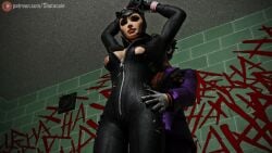 1boy 1girls 3d arms_up batman:_arkham_city batman_(series) bodysuit bondage bound_wrists breasts captured catwoman catwoman_(arkham) catwoman_(arkham_city) choker cleavage clothed_sex dc dc_comics domination duo eyelashes facepaint female femsub game game_character gloves green_hair grin happy human human_only joker lips lipstick makeup male maledom neckwear patreon rape red_lipstick shotacoin smile soft standing standing_sex submissive suit the_joker torn_clothes zipper zipper_down