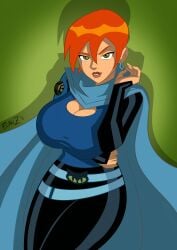 1female 1girls artist_signature ben_10 ben_10_(classic) big_breasts breast_expansion breasts cartoon_network commission female female_focus female_only future_gwen green_eyes gwen_tennyson large_breasts mature_female orange_hair planz34 short_hair smooth_skin solo solo_female watermark