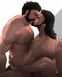 2boys absurdres arms_around_waist bara beard black_hair canon_couple chest_hair closed_eyes completely_nude cowgirl_position facial_hair feet_out_of_frame from_side gay gay_sex hair_slicked_back happy_sex highres kissing large_pectorals league_of_legends long_hair malcolm_graves male male_focus male_only mature_male multiple_boys muscular muscular_male nipples nude pectorals short_hair sitting sitting_on_lap sitting_on_person sociopotato1 straddling thick_eyebrows tobias_fate two-tone_background yaoi