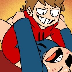 black_eyes blue_hoodie blush brown_hair eddsworld gay gay_sex grabbing_hips grabbing_shoulders half_naked head_back hoodie justsomedude legs_apart legs_spread legs_up male missionary_position one_eye_closed red_hoodie smiling sweat sweatdrop sweating tom_(eddsworld) tord_(eddsworld)