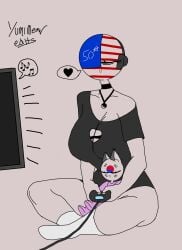 asleep baby countryhumans countryhumans_girl headphones no_pants south_korea_(countryhumans) text_bubble tired united_states_of_america_(countryhumans) video_game_controller yin_yang yumimeowedits