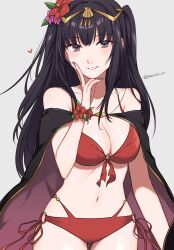 1girls alternate_costume bare_shoulders bikini black_cape black_hair cape commentary cowboy_shot female female_only fire_emblem fire_emblem_awakening fire_emblem_heroes grey_background grey_eyes grin highres long_black_hair long_hair looking_at_viewer navel nintendo o-ring o-ring_bikini official_alternate_costume peach11_01 red_bikini red_swimsuit simple_background smile solo standing stomach swimsuit tharja_(fire_emblem) two_side_up very_long_hair