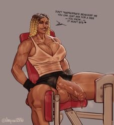 1futa arcquosnsfw athletic athletic_futanari balls breasts_bigger_than_head crotchless dark-skinned_futanari dark_skin english_text flaccid futa_only futanari gym gym_equipment huge_cock human human_only muscular muscular_futanari penis penis_out precum precum_drip sagging_balls saggy_balls solo sweat