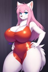 1girls ai_generated animal_ears anthro big_ass blue_eyes furry huge_breasts long_hair pink_hair red_costume self_upload solo tight_clothing white_fur wide_hips