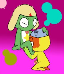 closed_eyes gay kerokamina keronian keroro keroro_gunsou kneeling masturbation oral penis purple_background putata sitting tongue_out