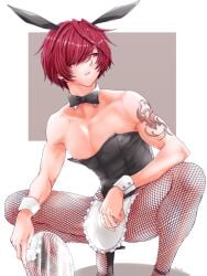 1boy animal_ears apron apron_bulge arm_tattoo bow bowtie bulge bunny_boy bunny_ears crossdressing fake_animal_ears fate_(series) femboy fishnet_legwear fishnet_stockings fishnets fuuma_kotarou_(fate) hair_over_one_eye high_heels highres kamenakake kamenakaoji looking_to_the_side male male_focus male_only male_playboy_bunny mirror muscular_femboy nipple_slip nipples nipples_visible_through_clothing one_eye_covered playboy_bunny rabbit_ears red_eyes red_hair reflection short_hair shoulder_tattoo simple_background solo solo_focus solo_male squatting tattoo testicle_peek testicles toned toned_male trap white_background wristband yaoi