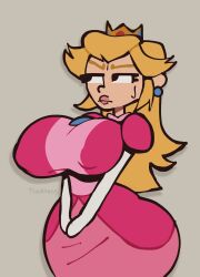 1girls alternate_breast_size ass big_ass big_breasts black_eyes blonde_hair breasts cas_van_de_pol cas_van_de_pol_(style) clothed clothing dress elbow_gloves female female_only gloves grey_background huge_ass huge_breasts lips long_hair mario_(series) nintendo nipples_visible_through_clothing no_bra pink_dress princess_peach simple_background solo standing super_mario_bros._(2023_film) theatneg tight_clothing v_arms