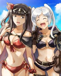 alternate_costume bikini black_hair breasts female female_only fire_emblem fire_emblem_awakening fire_emblem_heroes nintendo official_alternate_costume pochi_(furaigonn) pochiakari purple_bikini purple_swimsuit red_bikini red_swimsuit robin_(female)_(summer)_(fire_emblem) robin_(fire_emblem) robin_(fire_emblem)_(female) swimsuit tharja_(fire_emblem) tharja_(summer)_(fire_emblem)