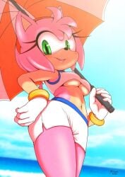 1girls amy_rose beach big_breasts blush eyelashes female female_only green_eyes lipstick michiyoshi navel pink_fur pink_hair solo solo_female sonic_(series) sonic_the_hedgehog_(series) sun_umbrella thick_thighs thighs umbrella underboob wide_hips