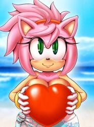 1girls amy_rose big_breasts cute eyebrows eyelashes female female_only gloves green_eyes heart holding_heart large_breasts looking_at_viewer michiyoshi pink_fur pink_hair solo solo_female sonic_(series) sonic_the_hedgehog_(series) white_gloves