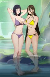 2girls bikini black_hair boruto:_naruto_next_generations brown_hair cleavage female huge_breasts hyuuga_hanabi hyuuga_hinata long_hair medium_hair naruto naruto_(series) psyclopathe silver_eyes sisters standing_in_water voluptuous waterfall yuri