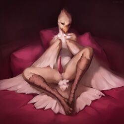 1:1 2023 absurd_res anthro avian azazello beak detailed_background digital_media_(artwork) erection feathers genitals hi_res huge_filesize knock-kneed looking_at_viewer male mammal mcrepsi nude pillow shaded soft_shading solo underfluffies