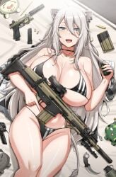 1girls alternate_breast_size ammunition assault_rifle bikini black_bikini breasts bullet explosive fan_mascot_(vtuber) grenade grenade_launcher gun hand_grenade handgun handplug highres hololive hololive_gen_5 hololive_japan huge_breasts long_hair m320 pistol pistol_cartridge rifle rifle_cartridge shishiro_botan smile ssrb ssrb_(shishiro_botan) striped striped_bikini suppressor swimsuit thighs virtual_youtuber weapon