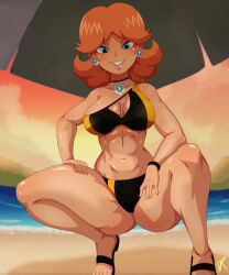 1girls beach bikini blue_eyes boobs bra breasts brown_hair cleavage crouch crouching crouching_female dalley_le_alpha female female_focus female_only hair human human_only looking_at_viewer mario_(series) nintendo princess_daisy sandals solo solo_female teeth teeth_showing thick_thighs thighs underwear