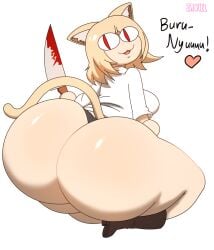 animal_humanoid anthro ass ass_focus big_butt blood blood_on_knife bodily_fluids bottomless breasts cat_humanoid clothed clothing felid felid_humanoid feline feline_humanoid female humanoid knife mammal mammal_humanoid neco-arc simple_background smile solo thong tsukihime type-moon underwear zaviel