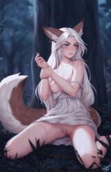 2023 alternate_species animal_ear_fluff animal_ears animal_humanoid areola artist_name bare_shoulders barefoot_on_grass blue_eyes blurry blurry_background body_freckles bottomless bottomless_female breasts canid canid_humanoid canine canine_humanoid clothed clothing dress exposed_breasts female forest forest_background fox_ears fox_girl fox_humanoid fox_tail freckles functionally_nude_clothes genitals hair heterochromia hi_res highres humanoid humanoidized inner_ear_fluff long_hair long_tail looking_aside losse_(personalami) mammal mammal_humanoid nature nature_background nipples no_panties no_underwear on_ground original partially_clothed personalami plant pussy sitting small_breasts solo tail thick_eyebrows torn_clothes torn_clothing tree tuft uncensored wariza white_dress white_hair yellow_eyes