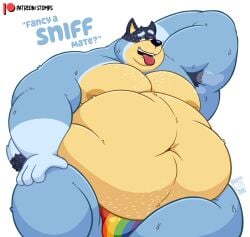 2023 absurd_res anthro armpit_hair australian_cattle_dog bandit_heeler belly big_belly big_moobs bluey_(series) bodily_fluids body_hair bulge canid canine canis cattledog clothed clothing dialogue domestic_dog english_text eyebrows fur herding_dog hi_res inviting lgbt_pride looking_at_viewer love_handles male mammal moobs morbidly_obese morbidly_obese_anthro morbidly_obese_male musk navel nipples obese obese_anthro obese_male overweight overweight_anthro overweight_male pastoral_dog patreon pride_color_clothing pride_color_underwear pride_colors rainbow_pride_colors simple_background sitting solo stompsthecroc sweat talking_to_viewer text topless topless_anthro topless_male tuft underwear underwear_only url watermark white_background