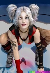 1girls 3d 3d_(artwork) antiheroine artist_name batman_(series) big_breasts blue_eyes collar dc dc_comics dc_extended_universe dceu digital_media_(artwork) eyebrows eyelashes eyes female female_only harley_quinn harley_quinn_(dceu) light-skinned_female light_skin lips multicolored_hair n3dwanimantion navel painted_nails pigtails shoes solo squatting suicide_squad suicide_squad_(2016) tattoos torn_stocking villain villainess voluptuous