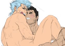 2boys aizenhower alpha_male bara beefy black_hair bleach blue_hair blush clenched_teeth cocky completely_nude daddy grimmjow_jaegerjaquez implied_anal implied_sex kurosaki_isshin looking_at_another male_focus male_only manly mature_male multiple_boys muscular muscular_male nude seductive_smile short_hair smile teeth tongue tongue_out tough_guy yaoi