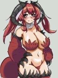 1girls areolae_slip bandersnatch_(black_souls) big_breasts black_souls black_souls_2 blush claws covered_nipples get2_audio2 grey_background horns light-skinned_female monster_girl mostly_nude red_eyes red_hair solo solo_female thick_thighs thighs