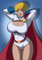 1female 1girls arms_behind_head arms_up artist_signature big_breasts blonde_hair blonde_hair_female blue_eyes breasts busty busty_female cape commission dc dc_comics dcuaom female kara_zor-l karen_starr lipstick looking_at_viewer muscular muscular_female planz34 power_girl power_girl_(public_enemies) raised_eyebrows short_hair smile smiling smiling_at_viewer solo solo_female superheroine superman/batman:_public_enemies superman_(series) thick thick_thighs thighs warner_brothers watermark wide_hips