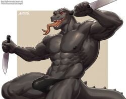 abs amon-sydonai anthro anthro_only bulge clothed clothing dagger dual_wielding epic_games erection forked_tongue fortnite genitals grey_body grey_scales hi_res holding_object holding_weapon jockstrap jockstrap_only komodo_dragon lizard looking_at_viewer male male_only melee_weapon monitor_lizard mostly_nude muscular muscular_anthro muscular_male nipples non-mammal_nipples pecs penis penis_base pupils red_eyes reptile scales scalie sharp_teeth slit_pupils solo teeth tenting thunder_(fortnite) tongue tongue_out topless underwear underwear_only weapon