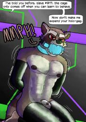 abs absurd_res anthro ass ball_gag bondage bound captured chastity_cage chastity_device clothing collar dialogue gag gagged guardians_of_the_galaxy hi_res latex latex_armwear latex_legwear latex_thigh_highs male male_only mammal marvel muscular navel nipple_clamp nipples ollieotty procyonid raccoon rocket_raccoon rubber rubber_clothing rubber_suit science_fiction sex_slave slave solo solo_male speech_bubble struggling tail teeth